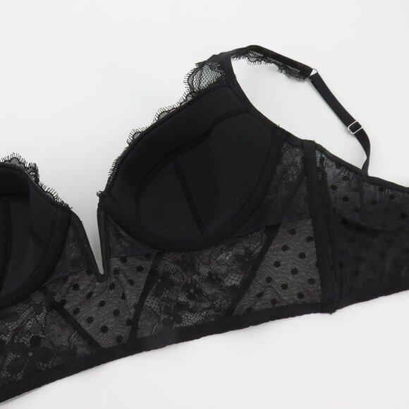 Victorias Secret 34C Bra Dream Angels Black Polka Dot Mesh Flower Lace Underwire - Picture 10 of 16
